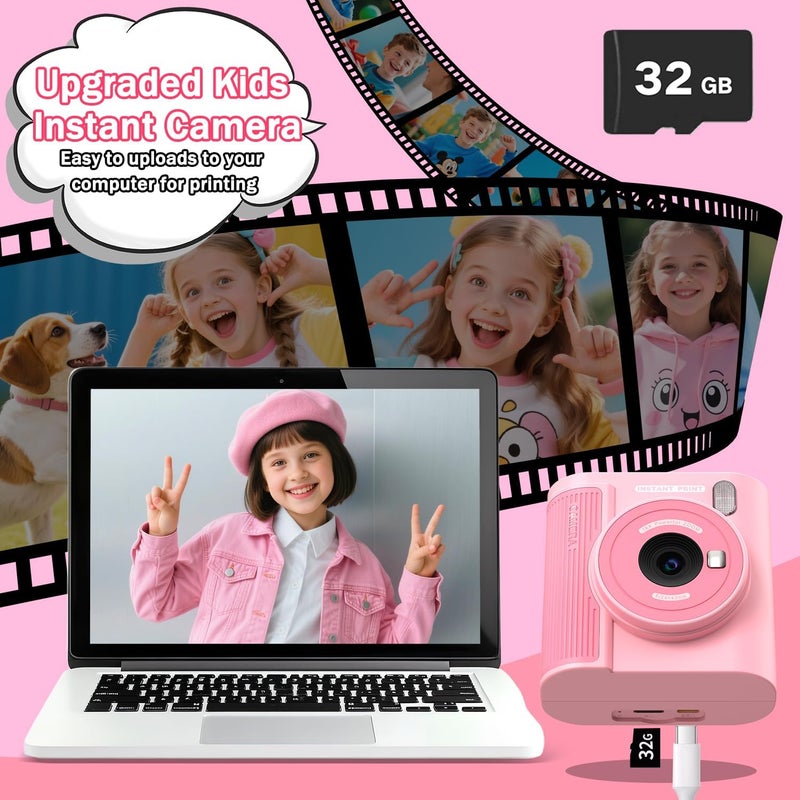 zicor Kids Camera Instant Print for 3-12 Year Olds, HD Digital Instant Print Camera for Boys & Girls, Ideal Christmas Birthday Gift with 32GB SD Card, Easy to Use - Pink - Image 4